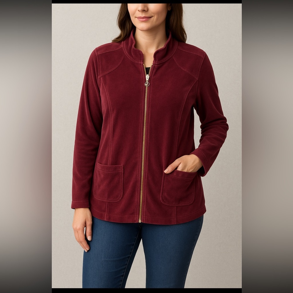 Susan Graver Women’s Zip Front Jacket Large Burgundy Velour Cotton Blend